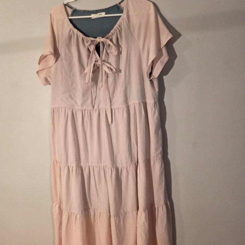 Grace Karin Pink Tiered Maxi Dress XL Boho Cottagecore Short Sleeve Tie Neck